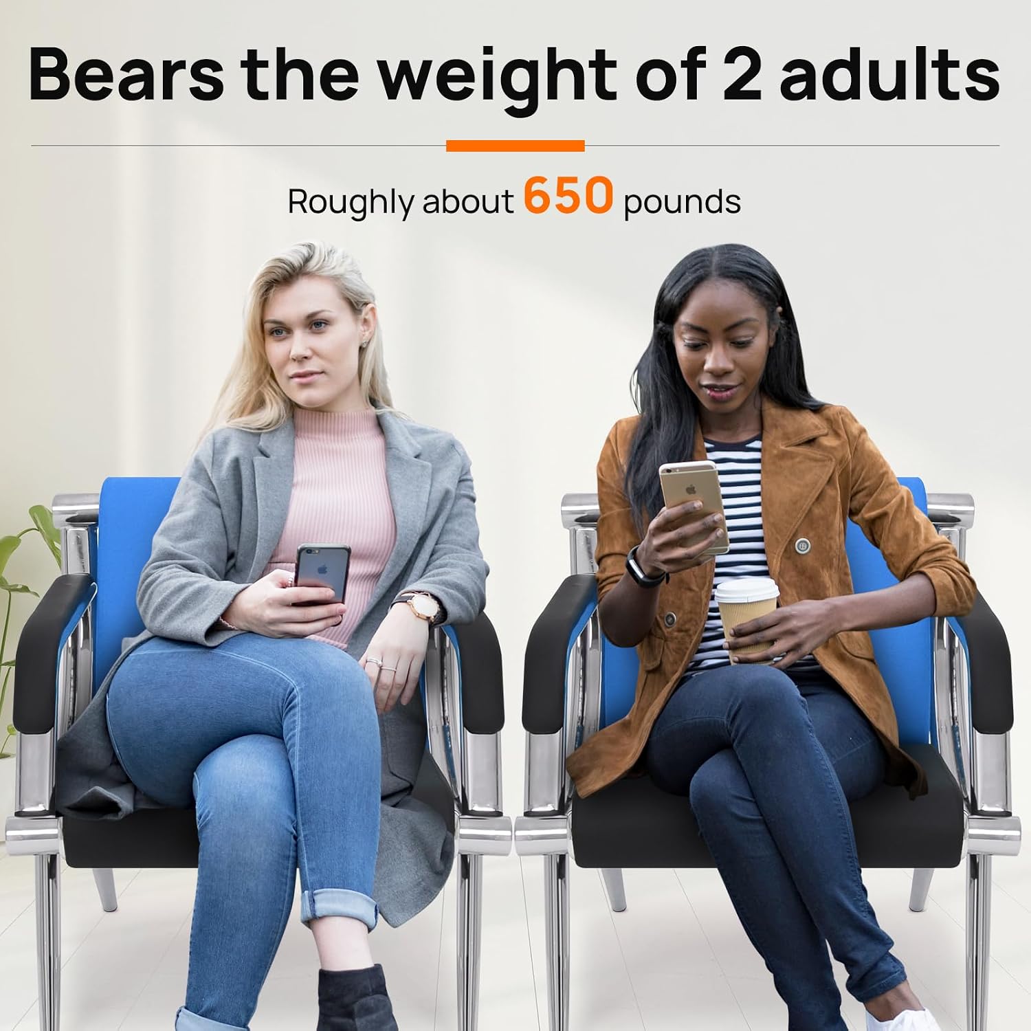 Waiting Room Chairs with Armrest, PU Leather Office Furniture, Lobby Conference Reception Chairs, Office Guest Seating for Clinic,Airport,Hospital,Barber,Salon,Bank (Blue & Black, 2-Seat)