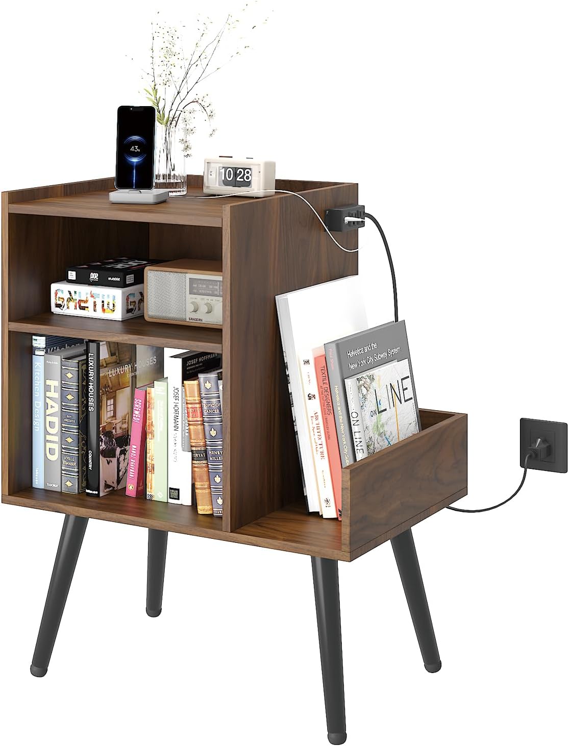 HedoAjim End Table with Charging Station, Narrow Side Table, Nightstand with shelfs, Slim Sofa Side Table, for Small Spaces, Living Room, Bedroom, Drak Walnut