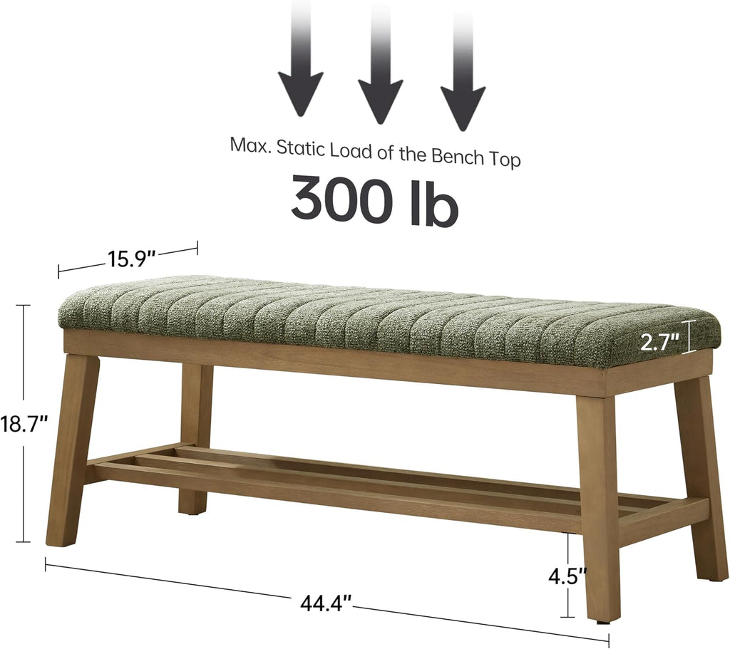 VKNOW Entryway Bench, 44.4" Upholstered Storage Shoe Bench for Entryway & Bedroom, Shoe Rack Bench with Rubberwood Legs, Modern End of Bed Bench for Living Room and Hallway, Green