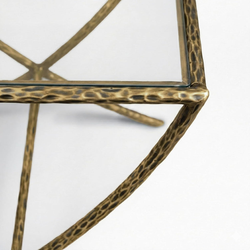 24/7 Shop at Home Lalia Modern 22-inch Metal Side Table with Tempered Glass Tabletop, Hammered Forged Steel Frame for Bedroom, Living Room, Home Office, Matte Gold