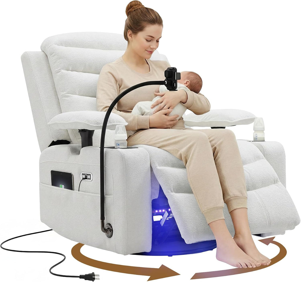 Olela Power Glider Recliner Nursery Chair, Swivel Rocking Chair with Electric Lumbar Support, USB Charging, Smart Cup Holder, Light, Adjustable Armrest, Wireless Phone Charger Holder, Chenille