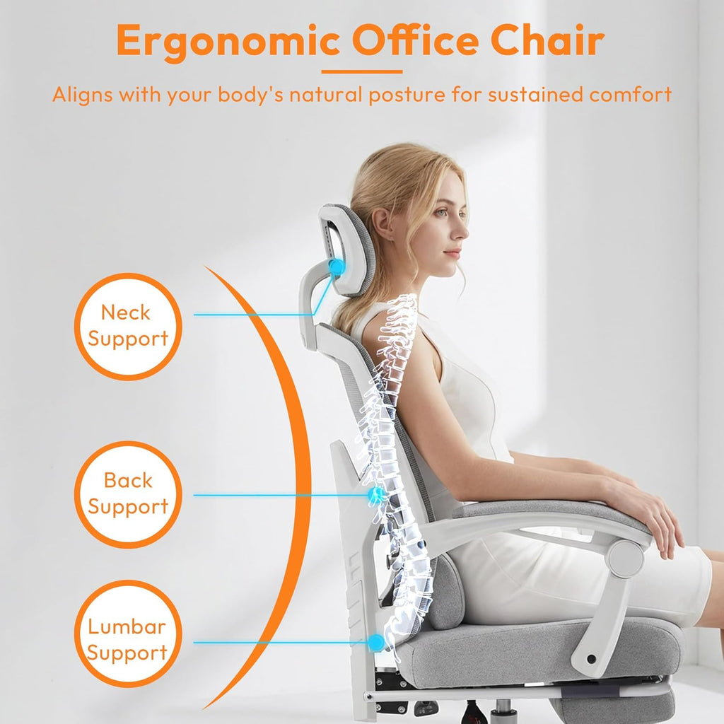 Ergonomic Office Chair with Footrest, Comfortable Desk Chair Gaming Chair with Leg Rest, Swivel Mesh Desk Chair with Headrest and Lumbar Support for Home, Office, Work, Study, Grey