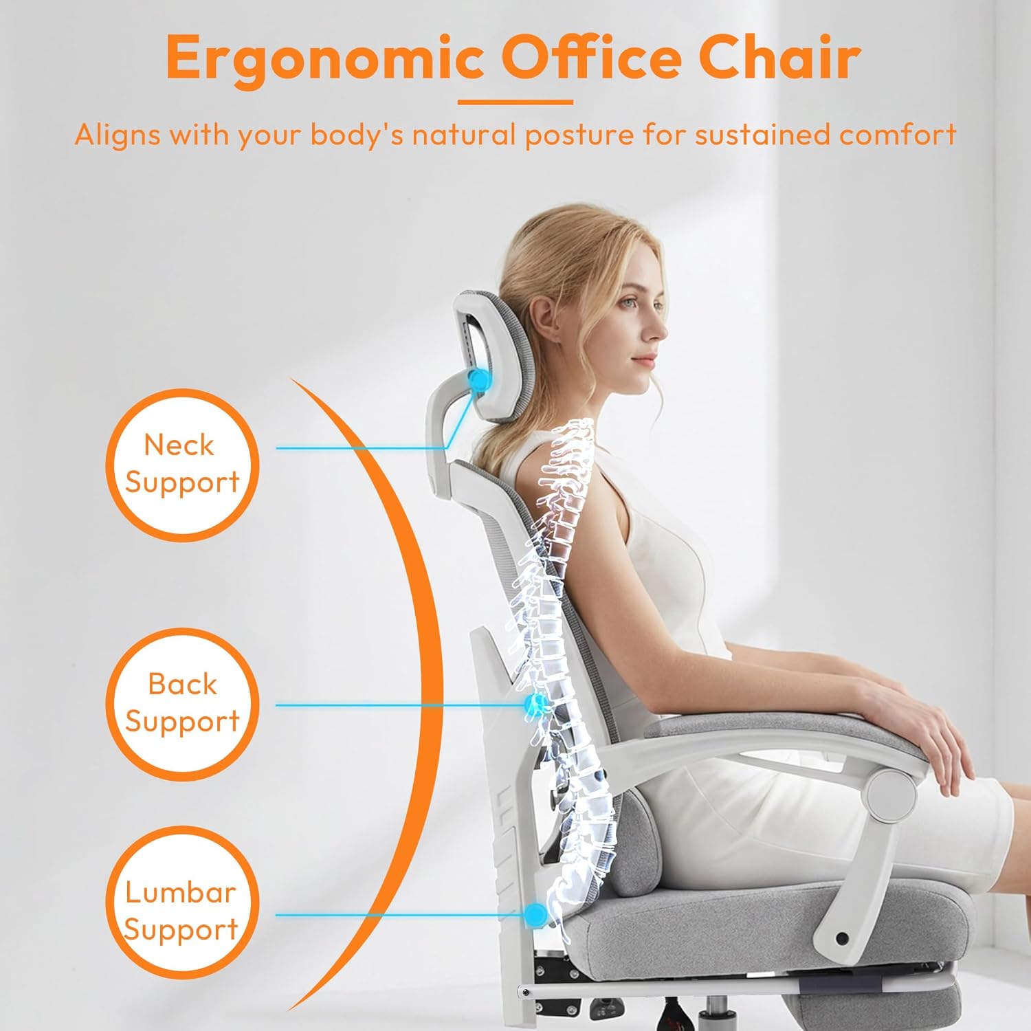 Ergonomic Office Chair with Footrest, Comfortable Desk Chair Gaming Chair with Leg Rest, Swivel Mesh Desk Chair with Headrest and Lumbar Support for Home, Office, Work, Study, Grey