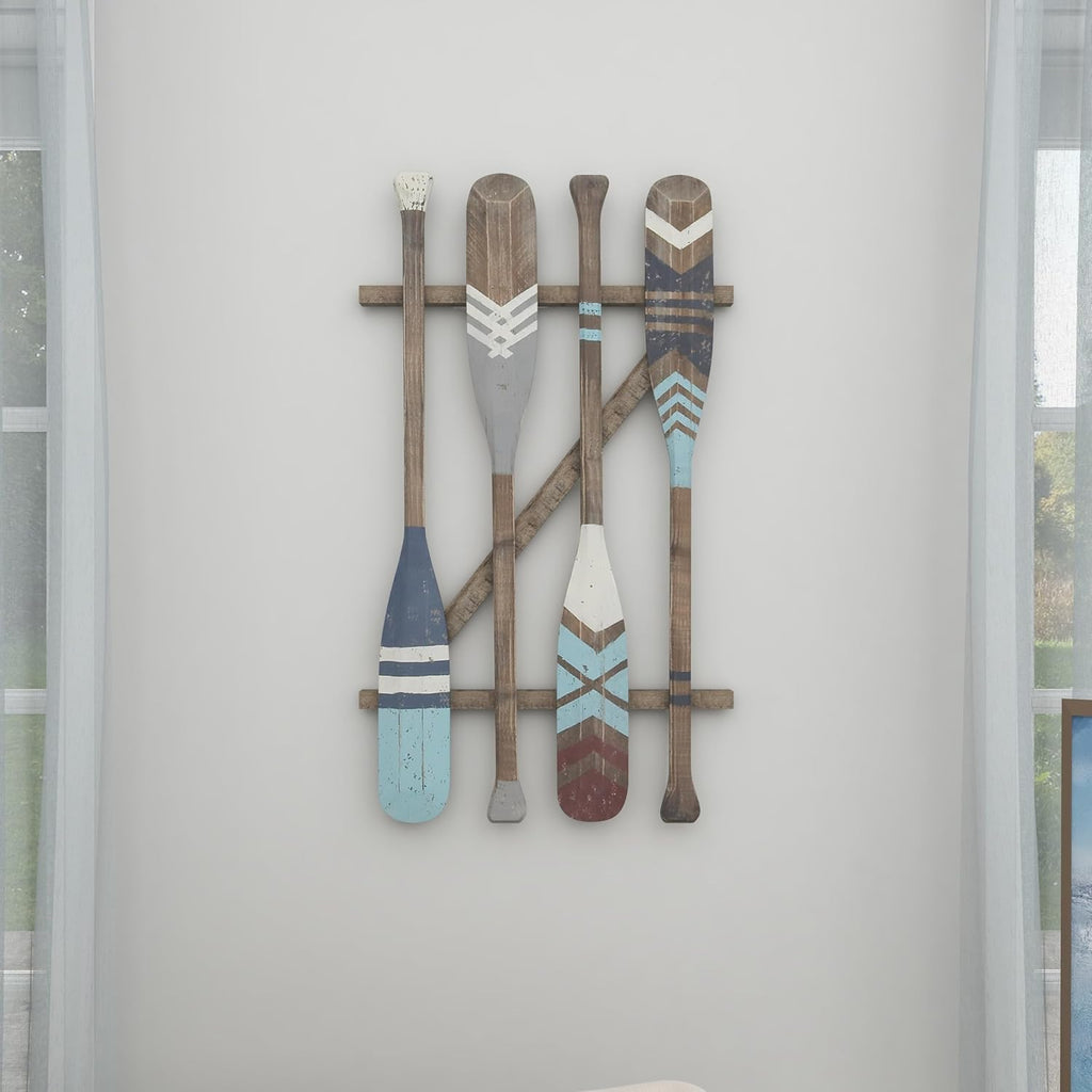 Deco 79 Wood Paddle Home Wall Decor Novelty Canoe Oar Wall Sculpture with Arrow and Stripe Patterns, Wall Art 21" x 2" x 36", Brown