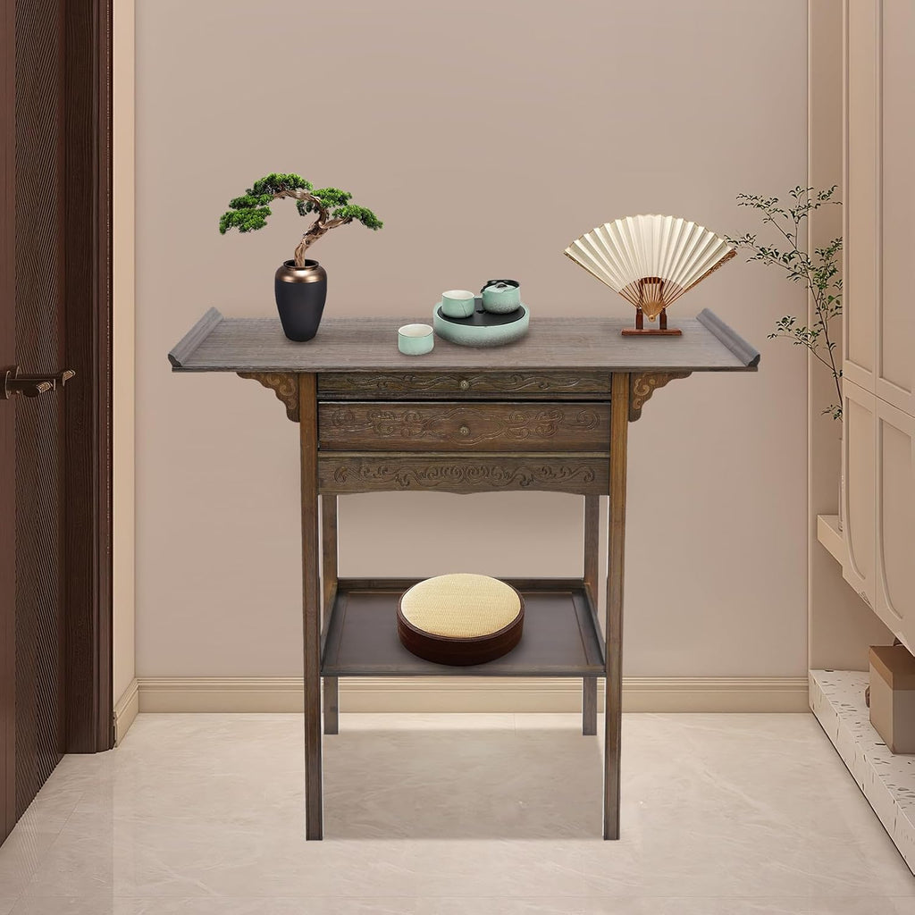 Free Standing Altar Table, Retro Chinese Style Altar Table with Drawers Meditation Table with Storage Tier and Auspicious Cloud Carving for Homes Temples Ancestral Halls (39.3x15.7x39.3 in)