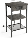 Whonline 1 Antique Wood Grain Bedside Table with Charging Station, Narrow Side Table with Charging Station, Three-Layer Side Table with Storage Rack
