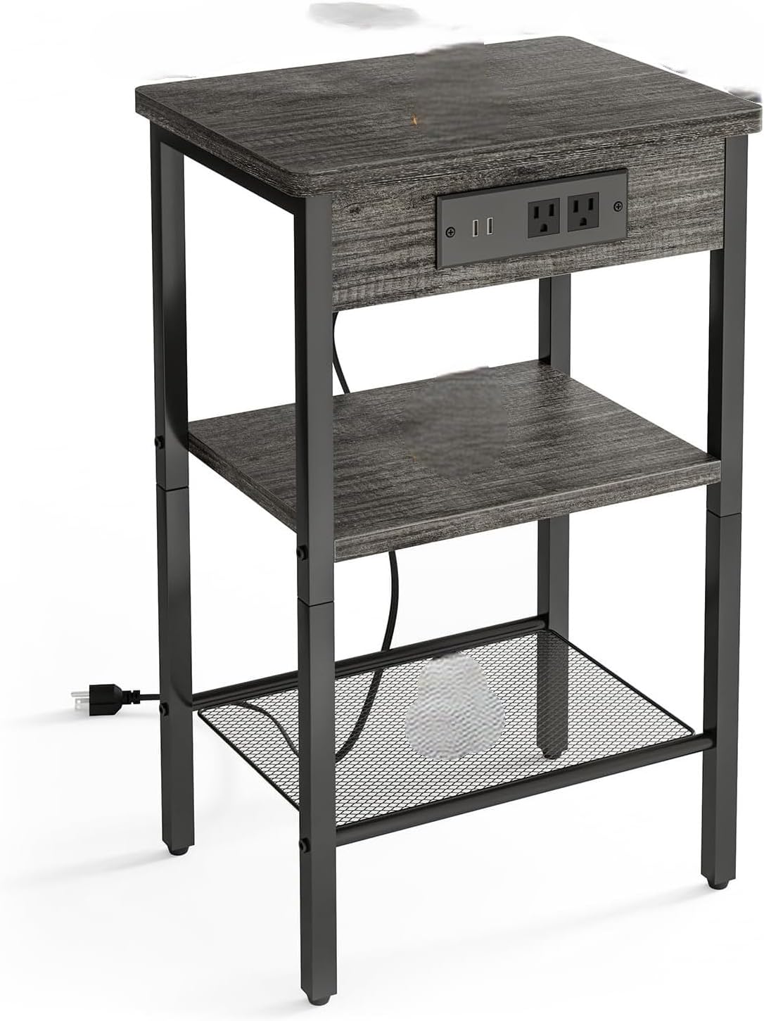 Whonline 1 Antique Wood Grain Bedside Table with Charging Station, Narrow Side Table with Charging Station, Three-Layer Side Table with Storage Rack