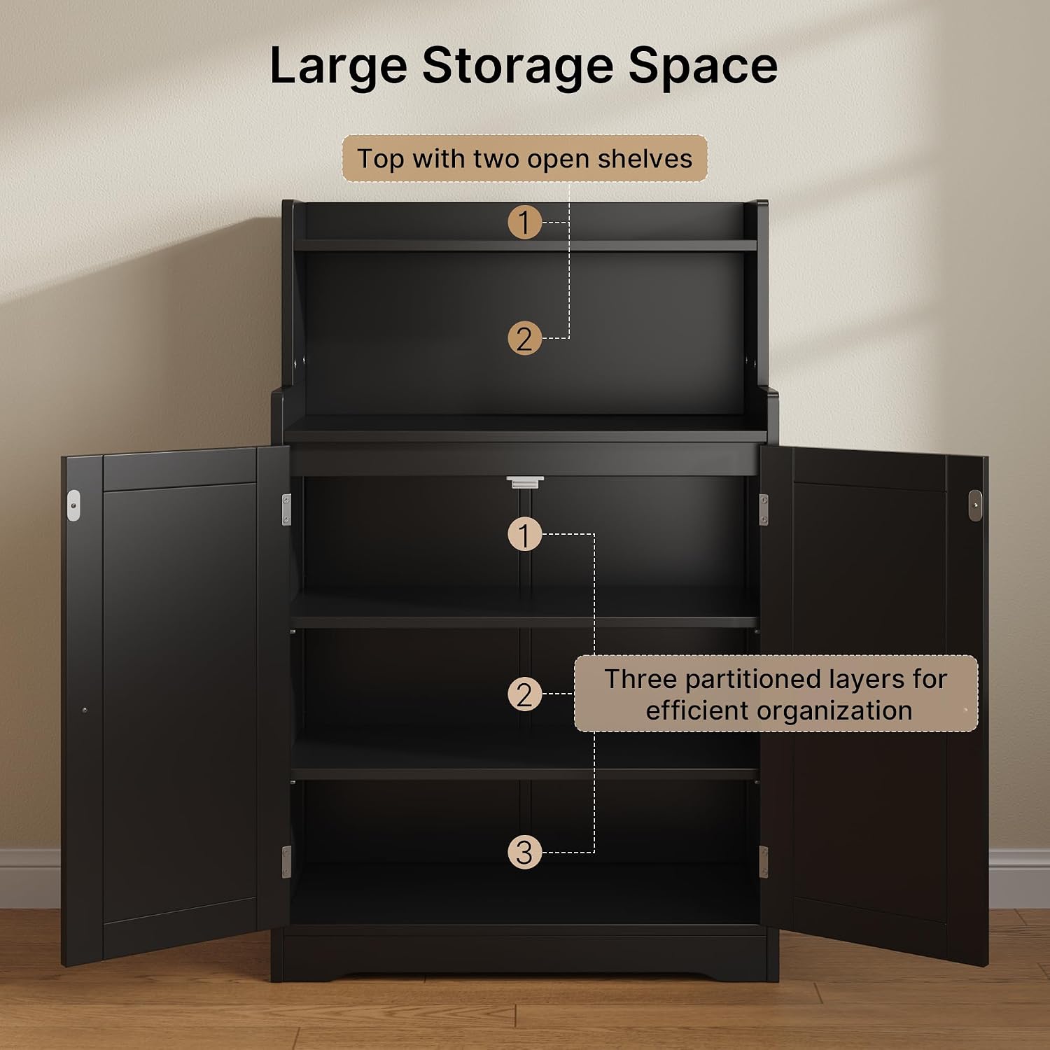 Gizoon Small Bathroom Storage Cabinet, Freestanding Organizer with 2 Doors, 2 Adjustable Shelves, 40" H Floor Pantry Cabinet for Dining Room, Kitchen, Living Room, Hallway, Black