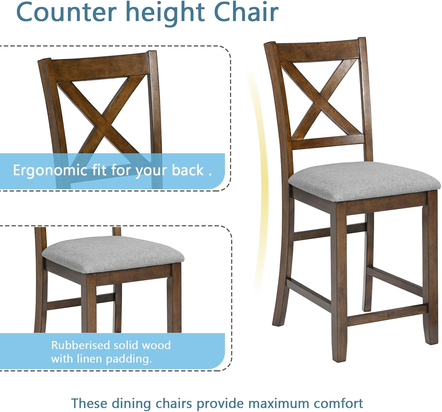 Merax Farmhouse Dining Table Set for 4, Counter Height Kitchen Table Set with Square Table and 4 Upholstered Chairs for Kitchen, Dining Room, Small Space, Walmut