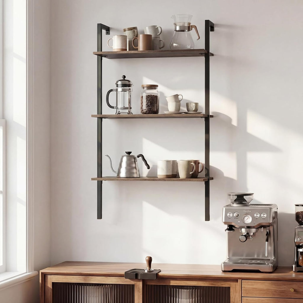 Giantex Ladder Shelf Set of 2, 3-Tier Wood Wall Mounted Bookshelf with Metal Frame, Industrial Open Storage Rack and Display Shelves, Wooden Floating Shelving Unit for Living Room, Office