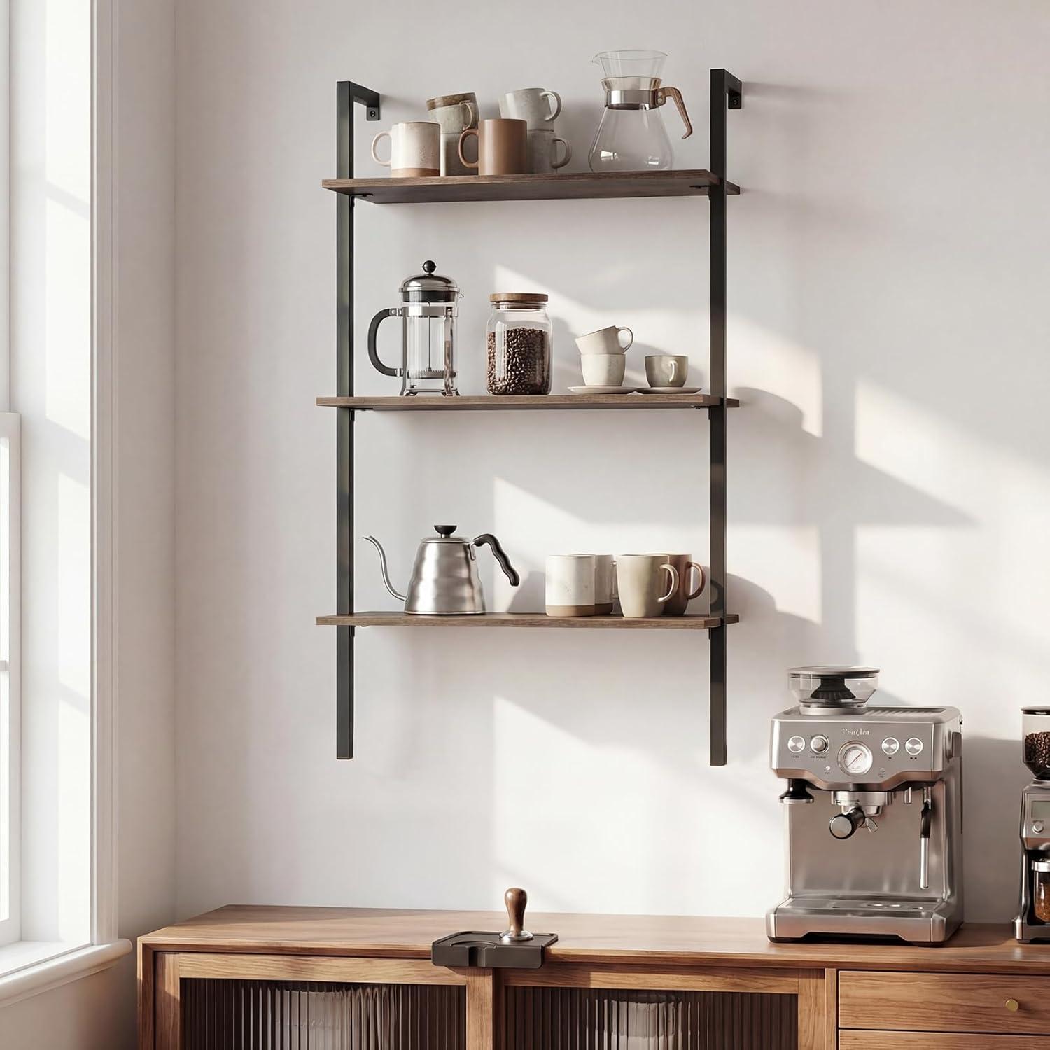 Giantex Ladder Shelf Set of 2, 3-Tier Wood Wall Mounted Bookshelf with Metal Frame, Industrial Open Storage Rack and Display Shelves, Wooden Floating Shelving Unit for Living Room, Office