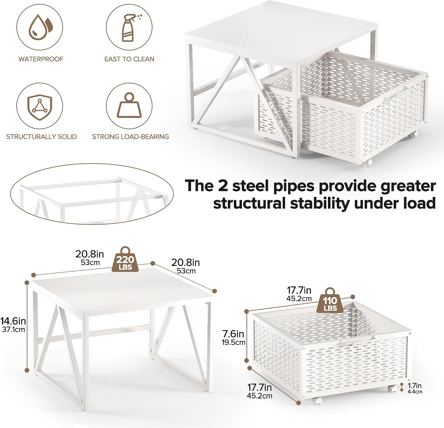 Urban Deco Mini Fridge Stand with Storage, Heavy Duty Fridge Cart with Drawer Basket, Mini Refrigerator Table for 220 LBS, Mobile Fridge Stand with Swivel Wheels for Dorm,Office,Home,White
