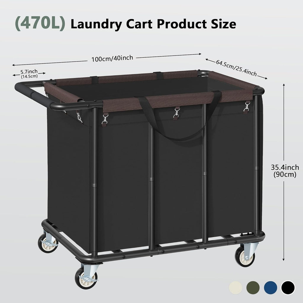 FAVOOSTY 470L Heavy Duty Commercial Laundry Cart with Wheels,Industrial Rolling Laundry Hamper, Extra Large Laundry Basket, Metal Frame for Hotel/Hospital/Home, 440lbs (Black)