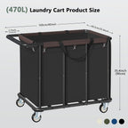 FAVOOSTY 470L Heavy Duty Commercial Laundry Cart with Wheels,Industrial Rolling Laundry Hamper, Extra Large Laundry Basket, Metal Frame for Hotel/Hospital/Home, 440lbs (Black)