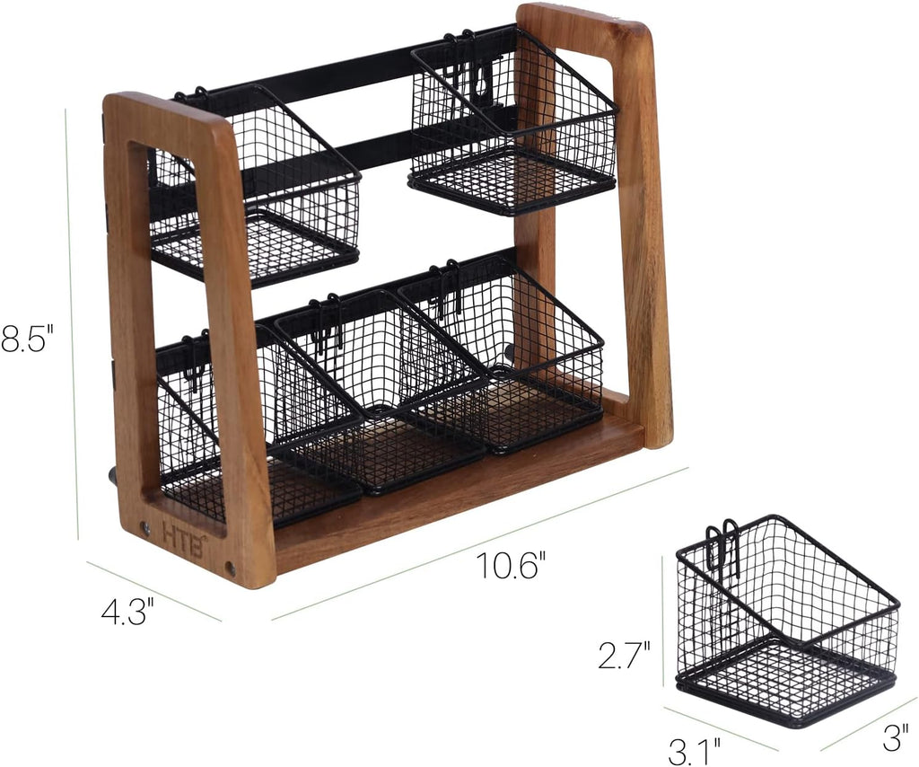 HTB 2 Tier Tea Organizer for Tea Bags with 6 Removable Metal Baskets | Acacia Wood Tea Bag Holder for Sugar Packets, Sweeteners, Creamers,Tea Bag Box Caddy for Cabinet, Counter,Office Wall-mounted