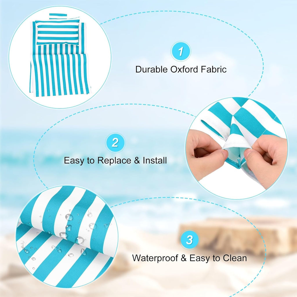 Beach Sling Chair Replacement Canvas, 16x44.5 Inch Folding Lounge Chair Fabric with Pillow for Beach/Sunbathing/Courtyard/Garden [Pinstripe Sky Blue, Only Replacement]
