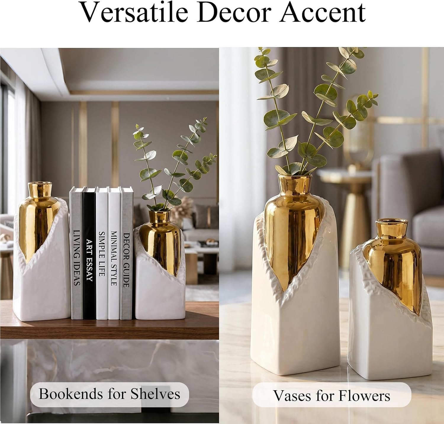 White and Gold Ceramic Vase Set, Modern Home Decor Flower Vases, 2-Piece Bud Vase for Living Room, Wedding & Hotel Dining Table Centerpieces, Fireplace or Bookshelf, 8.6" & 10.8" H