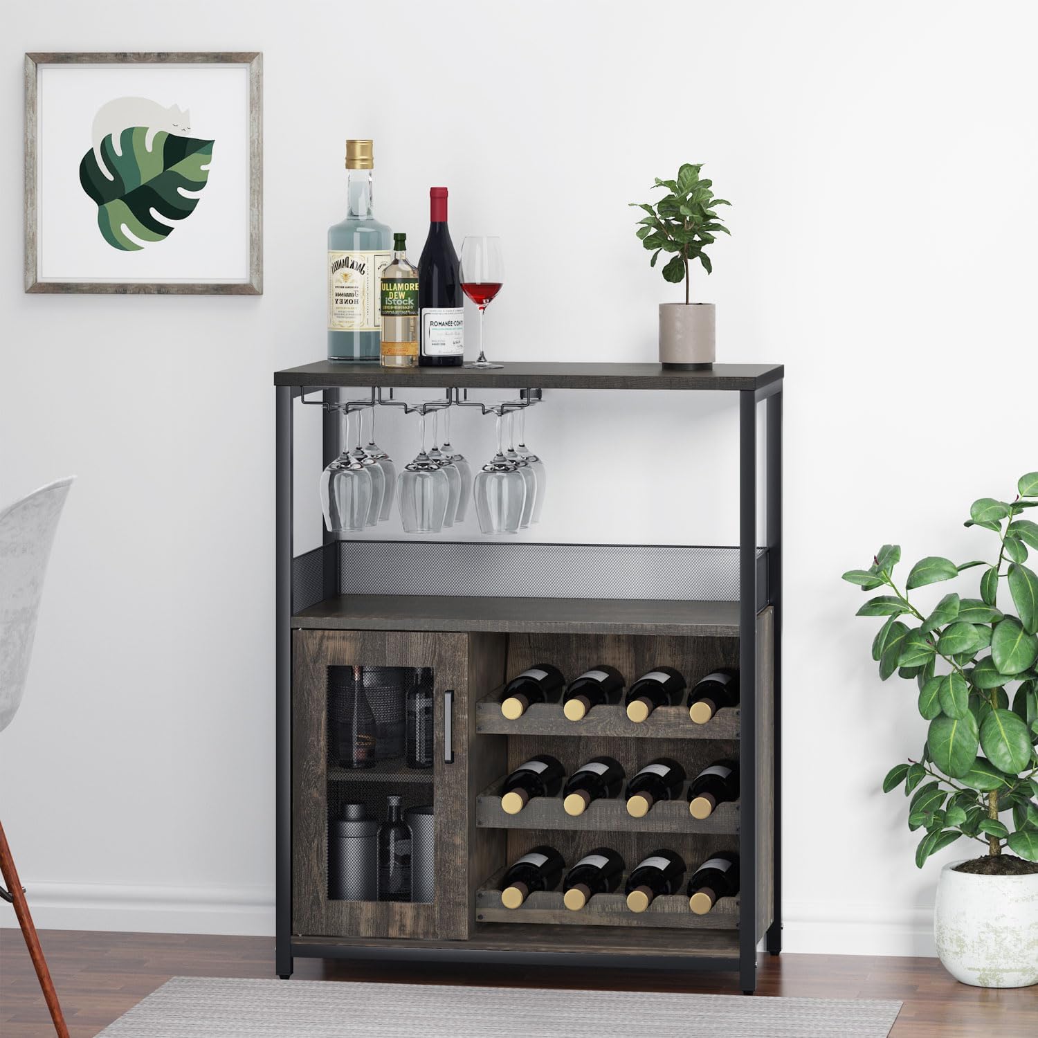 GAOMON Coffee Wine Bar Cabinet with Storage and Detachable Rack, Farmhouse Sideboard and Buffet Cabinet with Glass Holder and Mesh Door, Liquor Coffee Bar Cupboard, Dark Wood