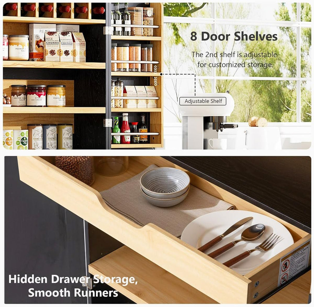 78.2" Tall Farmhouse Kitchen Pantry Cabinet with 8 Door Shelves and 4 Adjustable Shelves, Storage Cabinet with Hidden Drawer for Bathroom, Versatile Cupboard with Wine Rack for Kitchen (Black)