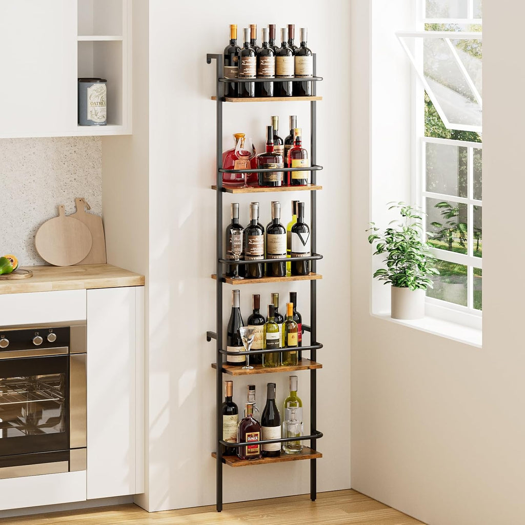 5-Tier Wine Rack Wall Mounted, Wine Racks Freestanding Floor with Fences, 50 Bottles Wine Bottle Holder Liquor Cabinet Bar Shelves for Home, Kitchen, Dining Room (Brown)