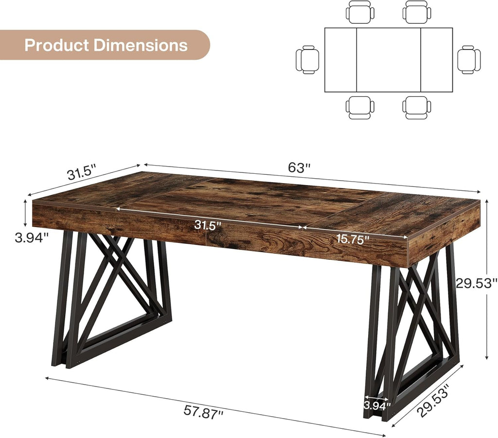 Tribesigns 63-Inch Dining Table for 4-6, Industrial Farmhouse Kitchen Table with Reinforced X-Shaped Metal Legs for Dining & Living Room, Kitchen, Vintage Brown and Black