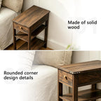 Solid Wood Narrow End Table with Drawer and 3-Tier Storage, Slim Nightstand for Small Spaces, Side Table with Shelves for Living Room, Bedroom, Easy Assembly Walnut 23.6X23.6X11in