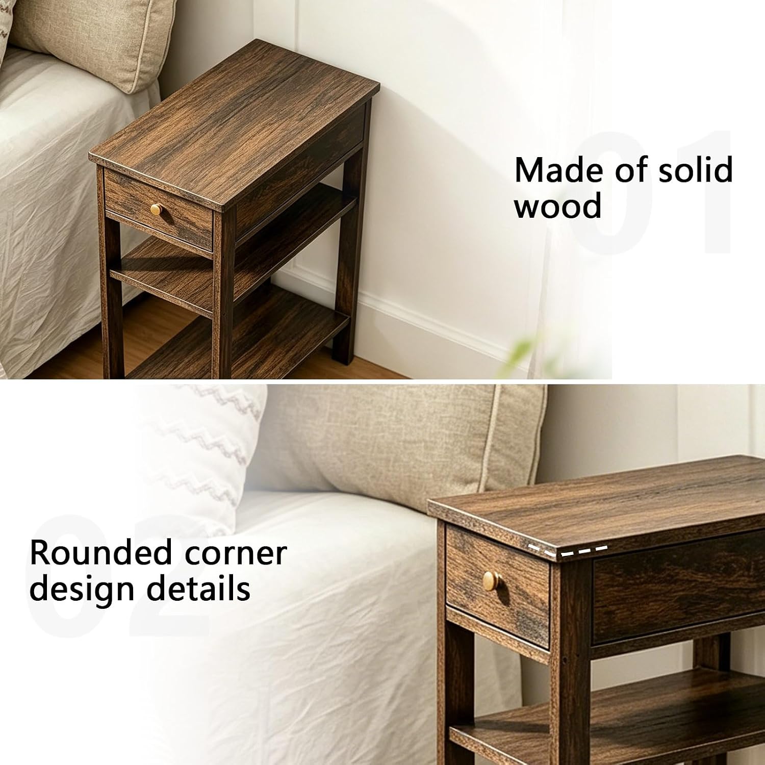 Solid Wood Narrow End Table with Drawer and 3-Tier Storage, Slim Nightstand for Small Spaces, Side Table with Shelves for Living Room, Bedroom, Easy Assembly Walnut 23.6X23.6X11in