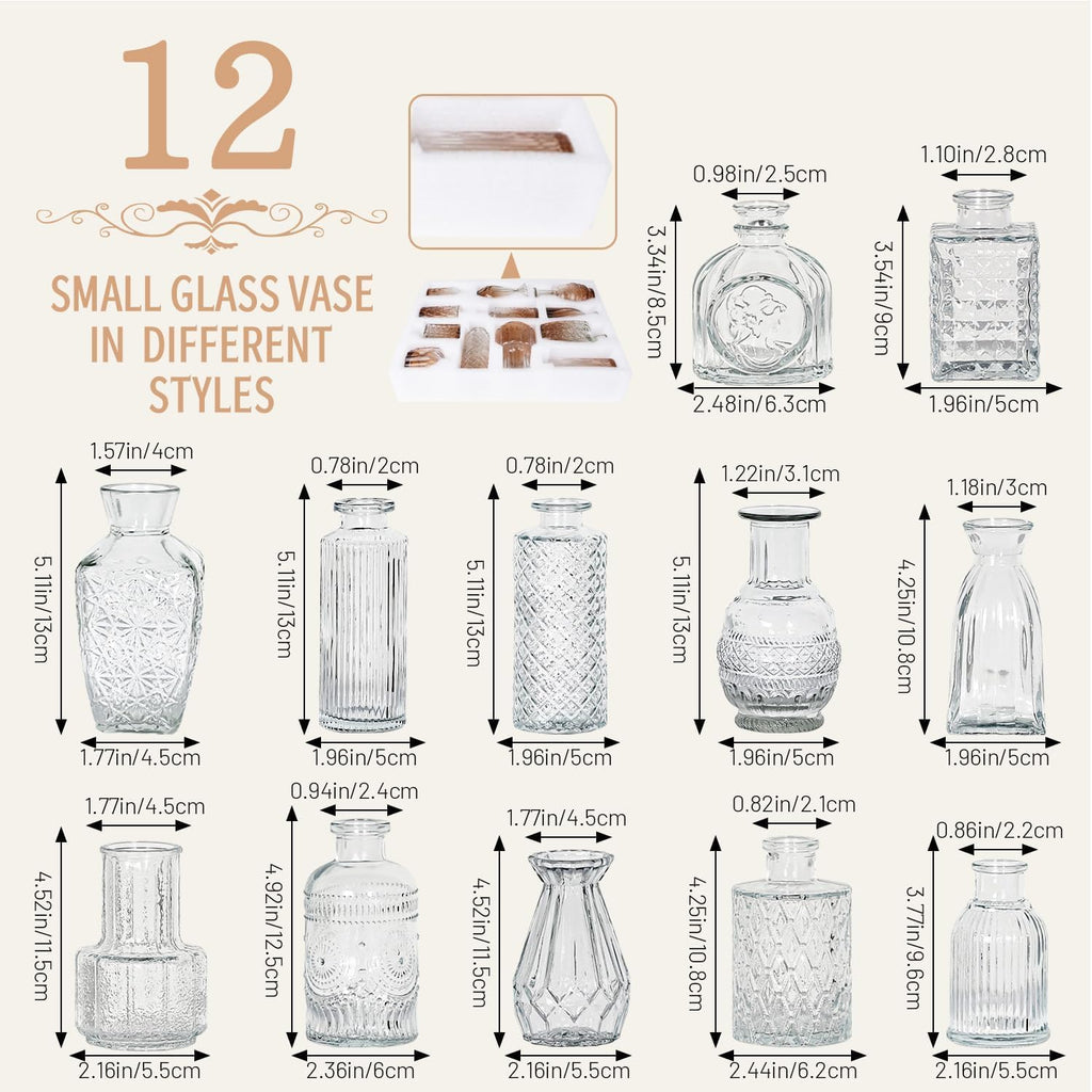 12pcs Mini Bud Vases As Wedding Centerpieces for Tables,Clear Bud Vases for Flowers,Small Flower Vases Suitable for Birthday Party,Anniversary,Wedding Reception,Baby Shower (Clear)