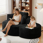 Oversized Round Chaise Longue Chair with Ottoman, Modern Corduroy Deep Seat Circle Single Cloud Boneless Floor Accent Chair w/Cup Holders for Living Room, Bedroom Apartment, 55" W * 74.6" D, Black