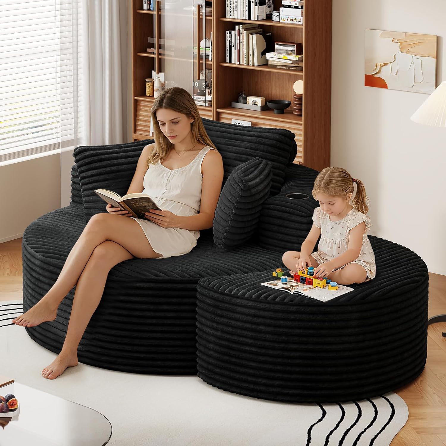 Oversized Round Chaise Longue Chair with Ottoman, Modern Corduroy Deep Seat Circle Single Cloud Boneless Floor Accent Chair w/Cup Holders for Living Room, Bedroom Apartment, 55" W * 74.6" D, Black