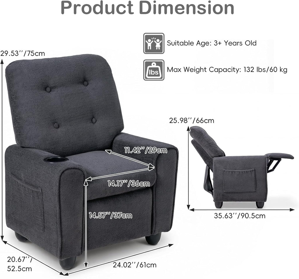 INFANS Kids Recliner, Toddler Lounge Chair with Adjustable Backrest Footrest Cup Holder Side Pockets, Velvet Leather Toddler Couch
