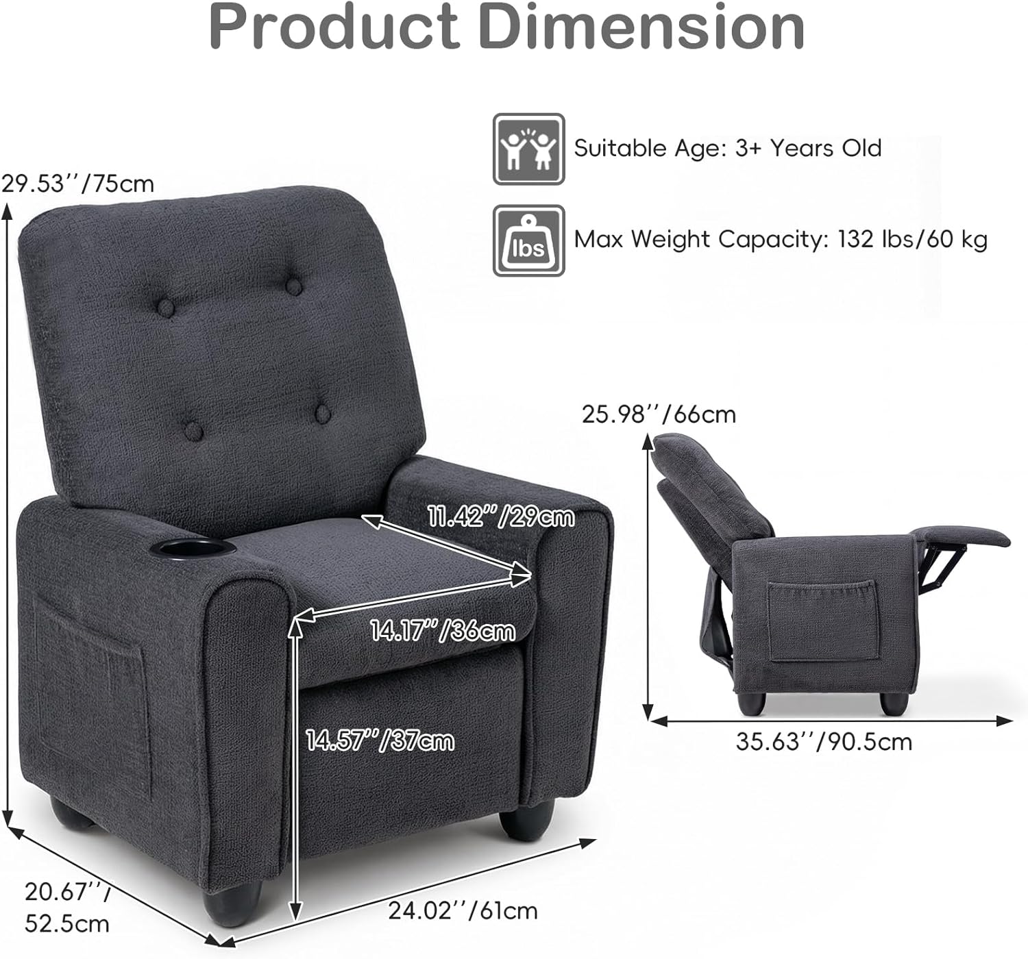 INFANS Kids Recliner, Toddler Lounge Chair with Adjustable Backrest Footrest Cup Holder Side Pockets, Velvet Leather Toddler Couch