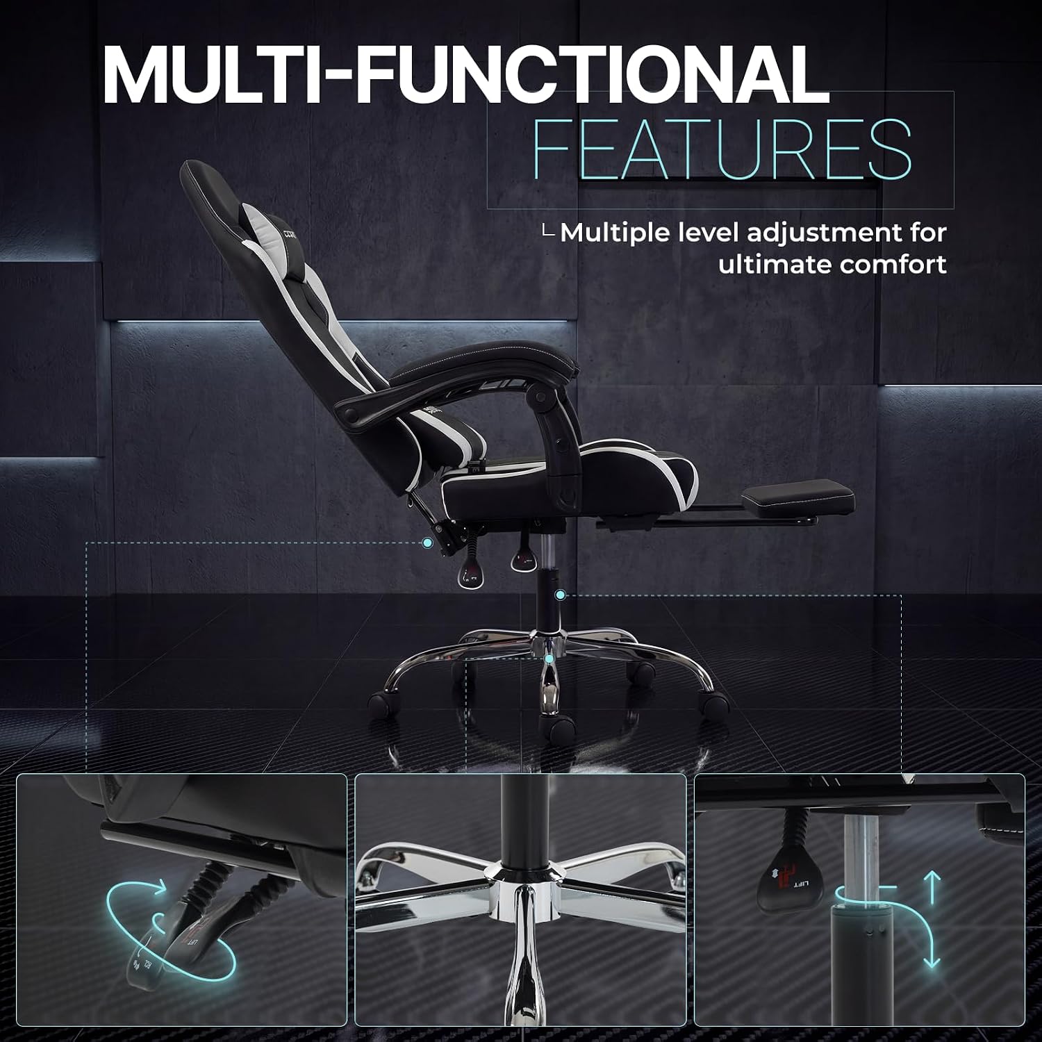 Dowinx Gaming Chair Ergonomic, Massage Lumbar Support, Footrest, Adjustable Height & Headrest Pillow, Heavy Duty 330lbs Office Chair, Comfortable for Back Pain Relief Long Gaming Streaming Black White