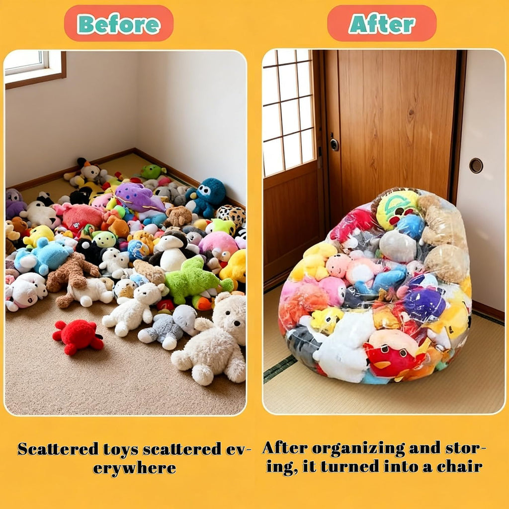 Clear Stuffed Animal Storage Bean Bag Chair for Kids 150L PVC Waterproof Toy Organizer Bean Bag Chair Cover with Zipper, Easy-Clean Plush Toy Holder Seat for Nursery & Playroom (A)