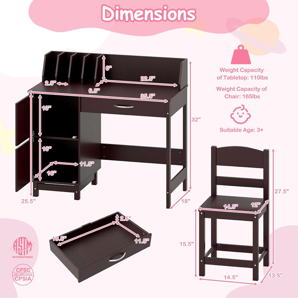 HONEY JOY Kids Desk and Chair Set, Wooden Children School Study Table and Chair w/Drawer, Storage Shelf & Cabinets, Student Computer Workstation Writing Desk for Bedroom, 3-8 Years Old (Dark Brown)