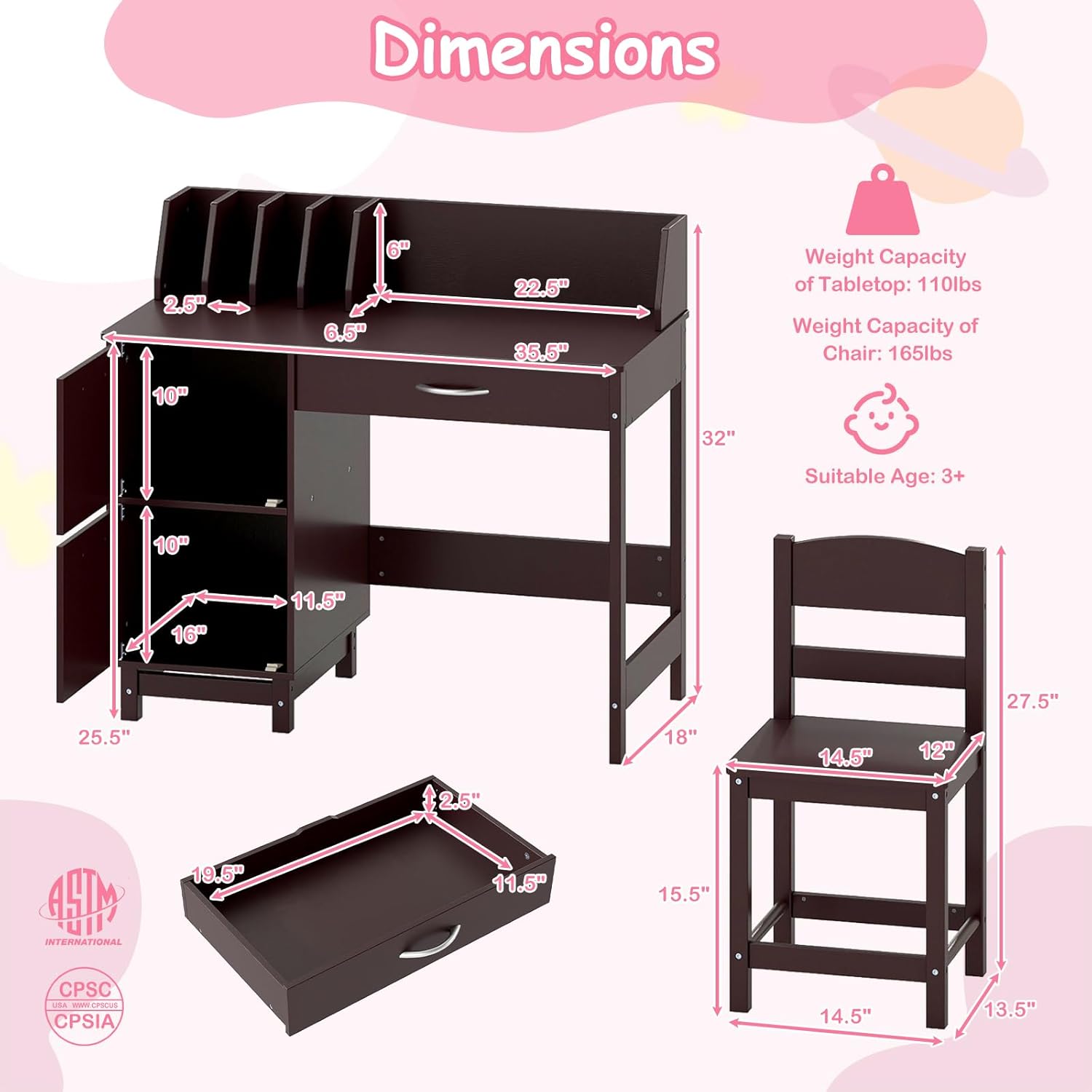 HONEY JOY Kids Desk and Chair Set, Wooden Children School Study Table and Chair w/Drawer, Storage Shelf & Cabinets, Student Computer Workstation Writing Desk for Bedroom, 3-8 Years Old (Dark Brown)