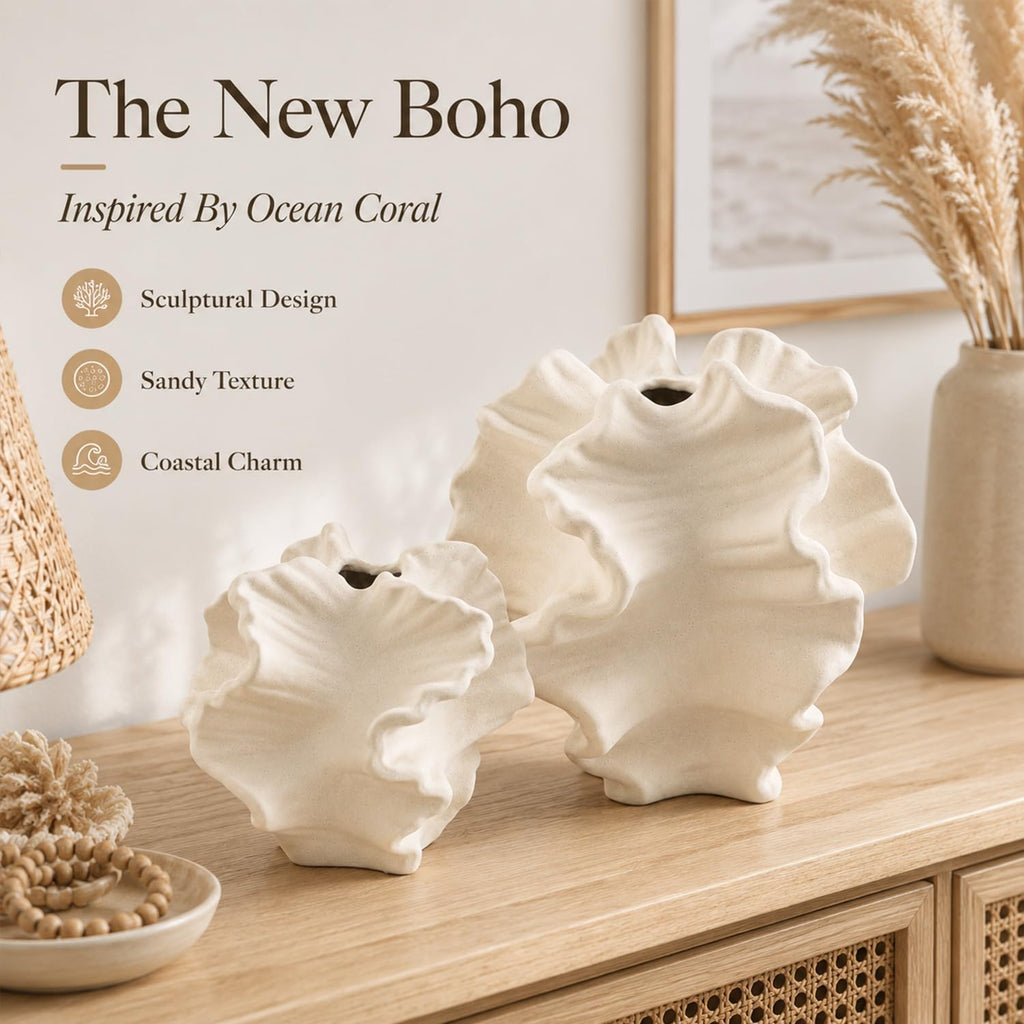 White Coral Vase Set of 2, Rustic Ceramic Flower Vase, Boho Farmhouse Coastal Charm Style, Decorative Pampas Vases for Home Living Room, Kitchen, Coffee Table, Bathroom, Shelf, Entryway & Fireplace