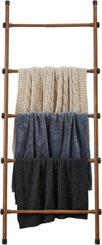 SIBRAD Expandable Blanket Ladder for Living Room, Adjustable Width (17.3"-32.3") Tall Metal Quilt Rack Wall Leaning, Rustic Brown Wood Grain 5-Tier Blanket Holder, Heavy Duty 45 Lbs Capacity