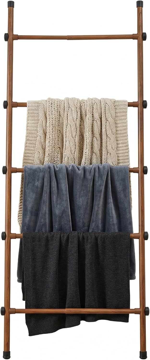 SIBRAD Expandable Blanket Ladder for Living Room, Adjustable Width (17.3"-32.3") Tall Metal Quilt Rack Wall Leaning, Rustic Brown Wood Grain 5-Tier Blanket Holder, Heavy Duty 45 Lbs Capacity