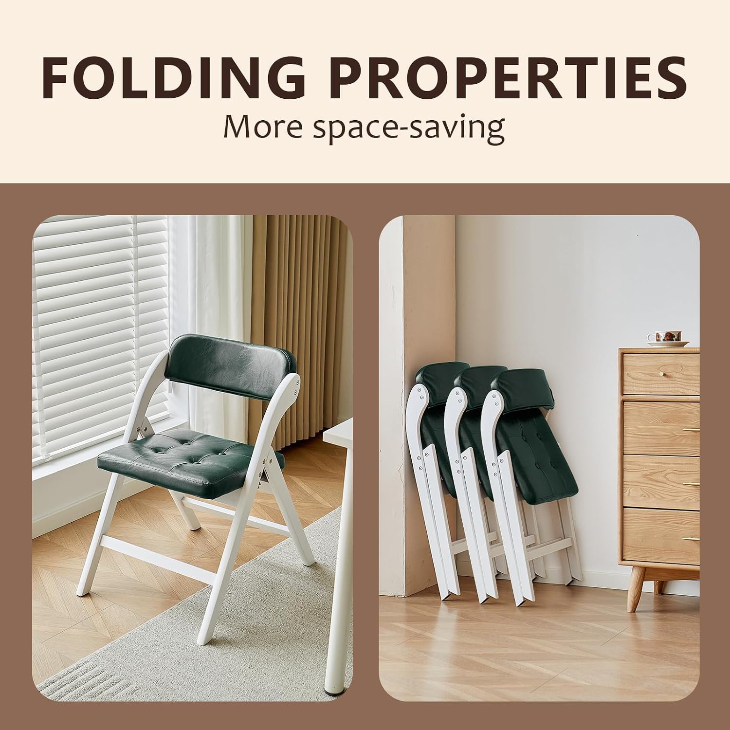 Wooden Folding Chairs Set of 2, Modern Folding Chairs with Padded Seats, Folding Dining Chairs, Padded Folding Chair for Party Chairs, Weddings, WhiteGreen