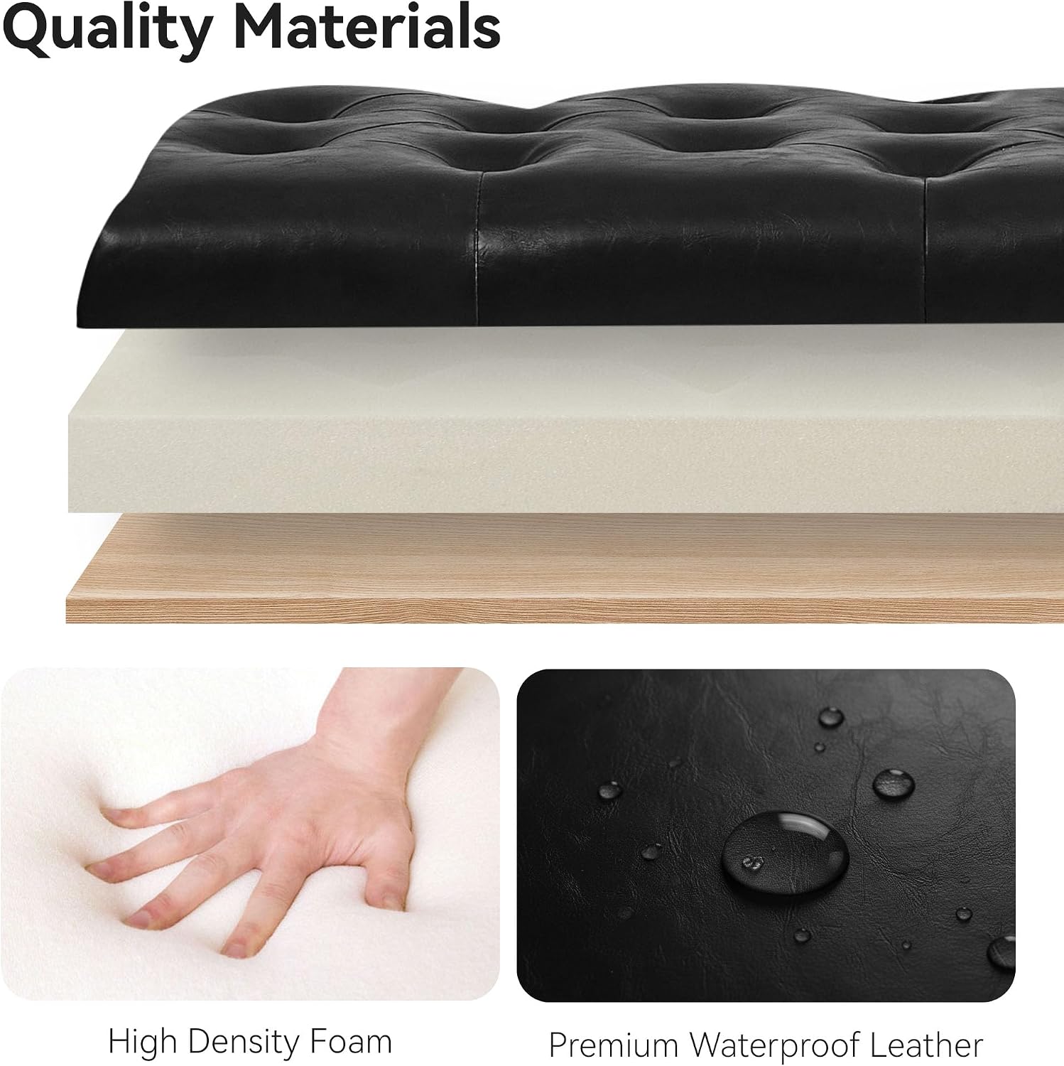 WUTUTUEE 47" Modern Water-Resistant Faux Leather Storage Ottoman Bench with Wooden Legs, Upholstered End of Bed Bench for Bedroom, Living Room or Entryway, Black