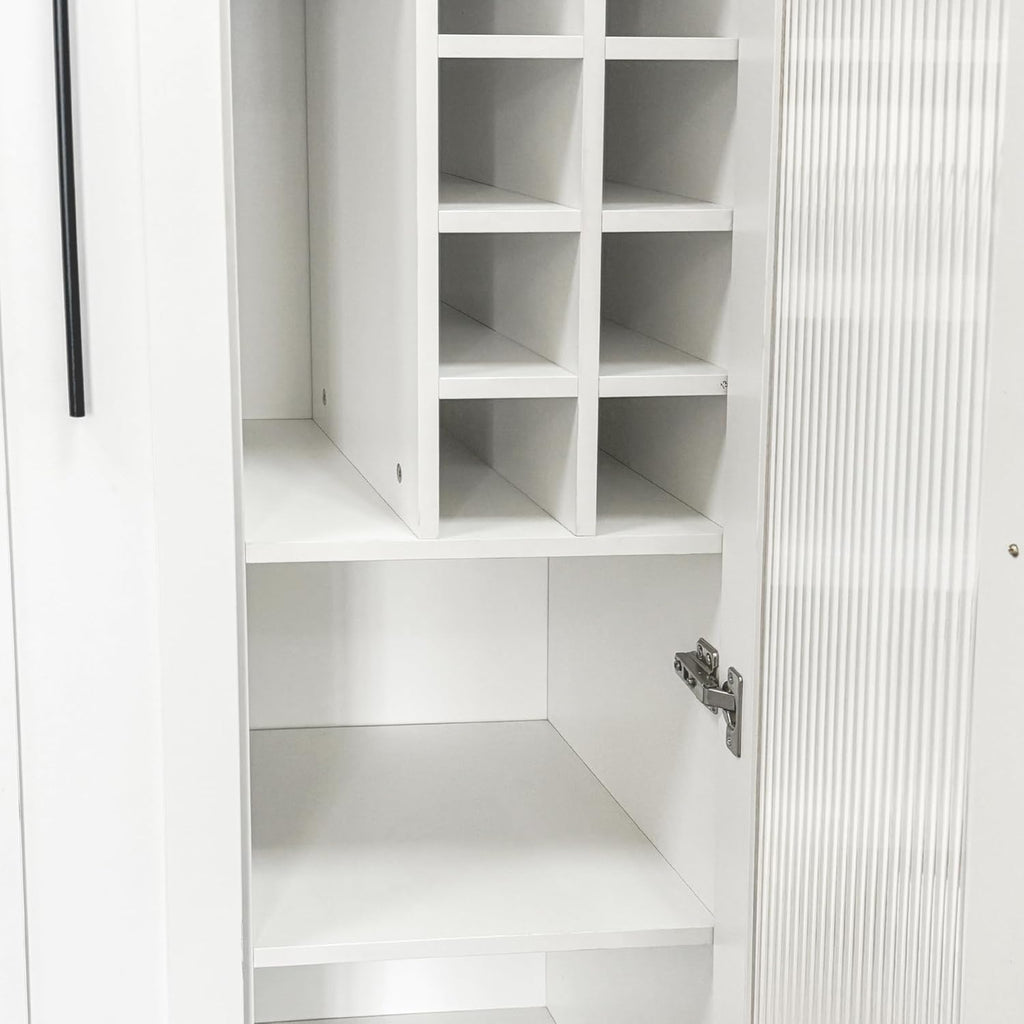 Kitchen Pantry Cabinet with 5-Tier Slim Mobile Shelving Cart, Narrow Pull-Out Utility Cart, Space Saving Storage Organizer Cabinet with Glass Door Wine Racks Cup Holder, Corner Pantry, Home Bar, White