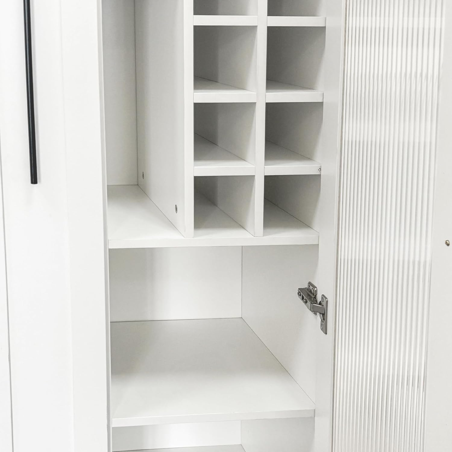 Kitchen Pantry Cabinet with Pull-Out Multi-Tier Storage Shelf, Farmhouse Storage Cabinet with Glass Doors, Tall Pantry Organizer for Kitchen, Dining Room & Living Room White