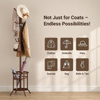 ELYKEN Coat Rack Freestanding, Metal Coat Rack with Umbrella Holder | 12 Hooks, Round Base, Heavy Duty Floor Standing Coat Tree for Entryway, Hallway, Living Room, Bedroom, Office, Brown