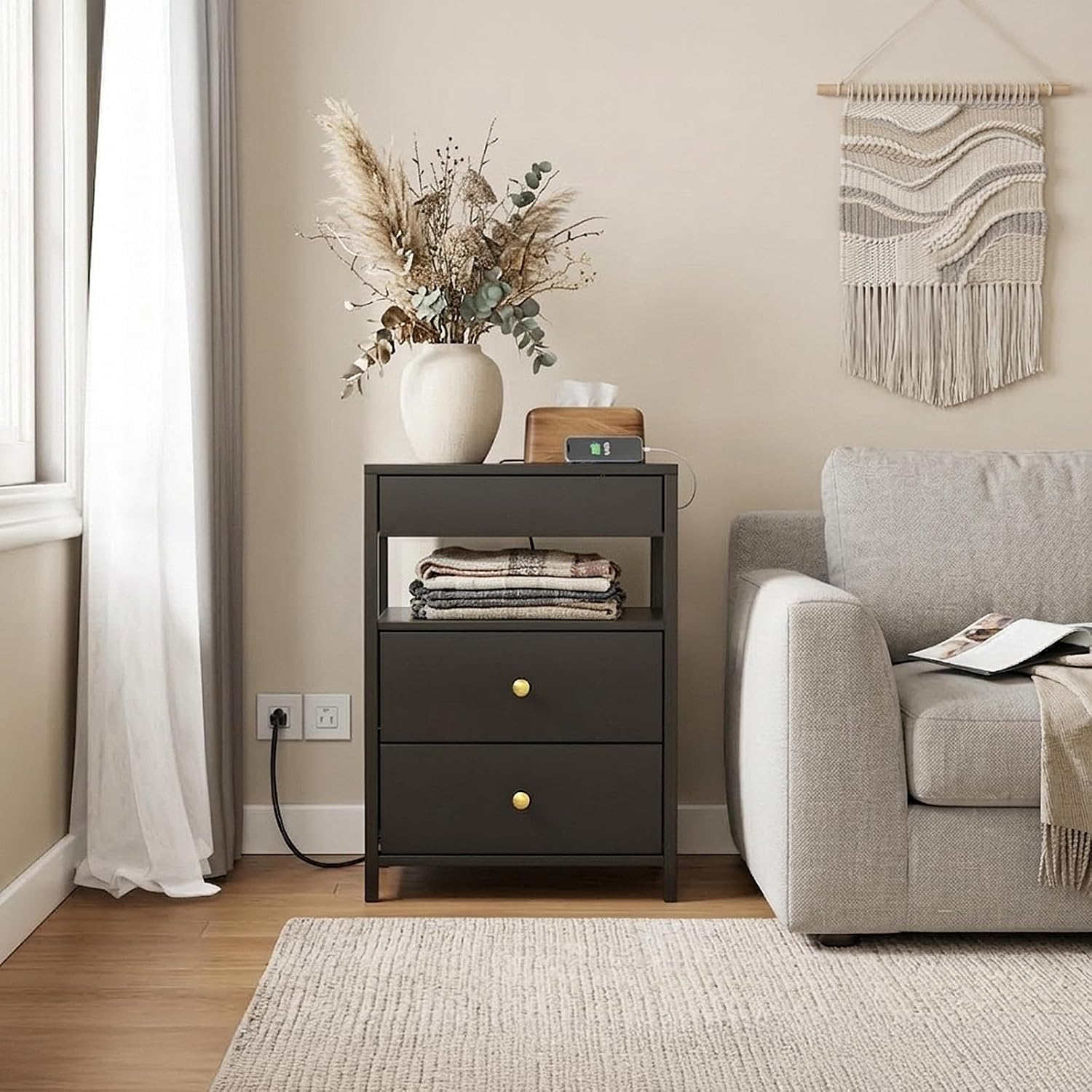 SoBuy Black Nightstand with Charging Station | Bedside Table with 2 Drawers, USB & Type-C Ports, Storage Side Table for Bedroom, Dorm Room, Black, FBT173-SCH