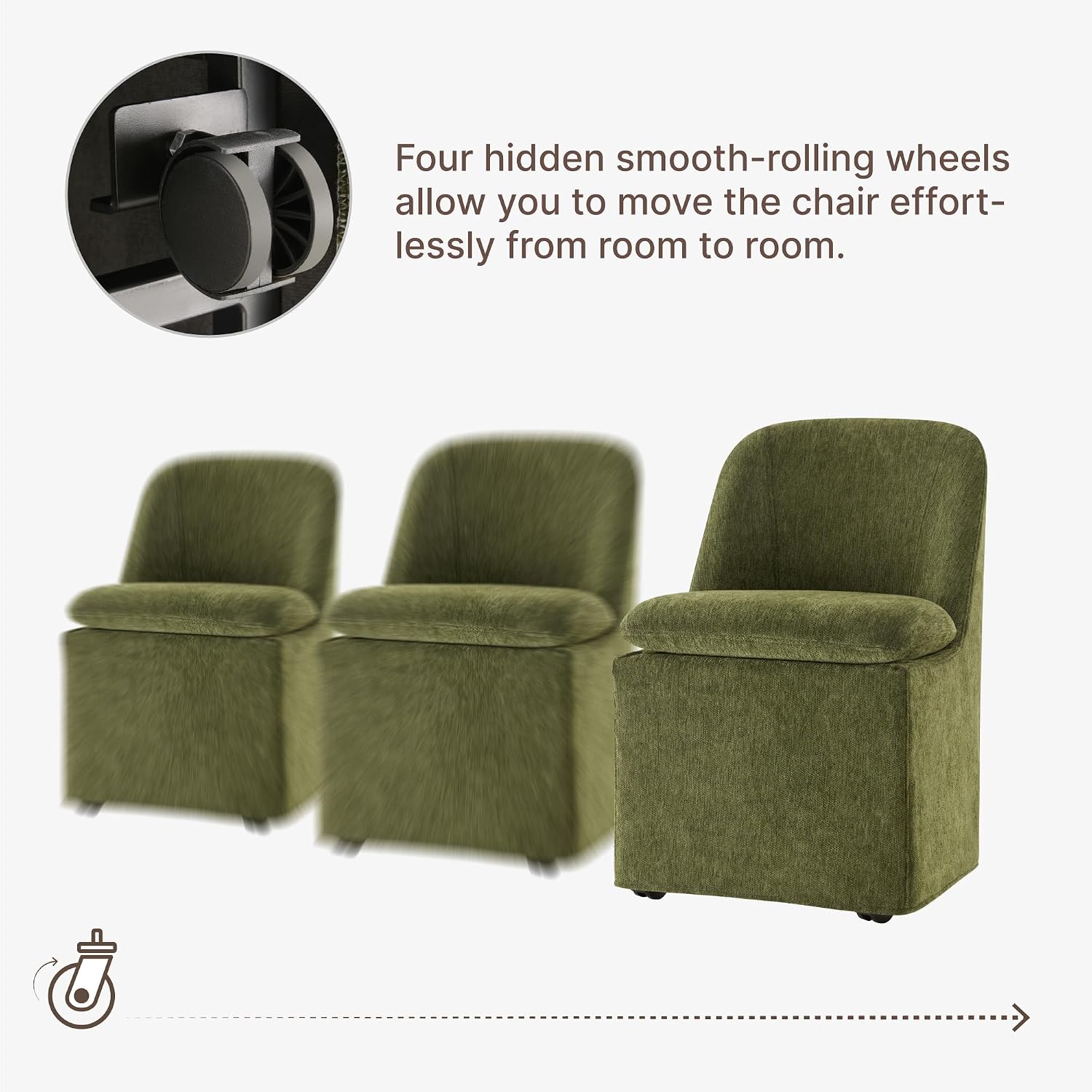 KISLOT Upholstered Dining Chairs Set of 4 with Hidden Casters, Modern Kitchen Chairs with Removable Washable Cover, Padded Dining Room Chairs with Chenille Velvet Fabric & Metal Frame, Green