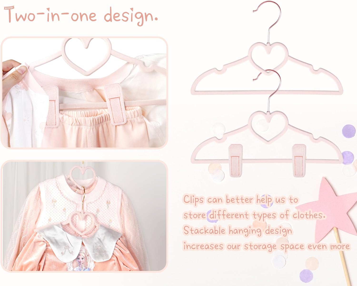 OneDream Pink Velvet Baby Hangers - 50 Pack 11inch Heart Toddler Hangers with 20pcs Clips, Non-Slip Strong and Durable Baby Clothes Hangers Without Slipping, Ultra Slim and Stackable Space Saving
