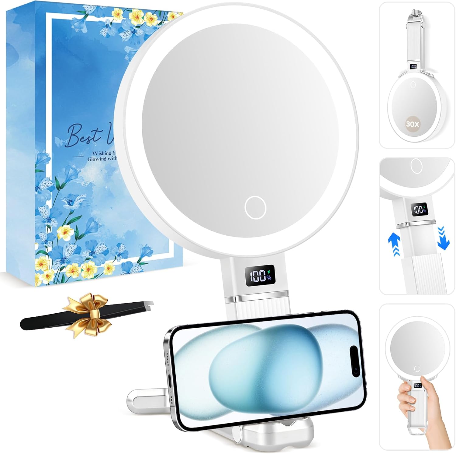 30X Travel Magnifying Mirror with Light, Height Adjustable Vanity Mirror with Phone Holder Stand, Portable Compact Handheld Makeup Mirror with Smart Display for Travel, Bedroom & Daily Makeup Use