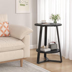 sthmec Small Round End Table, 2 Tier Side Table with Storage Shlef,Coffee Table Wooden Tabletop & Metal Frame,Round Accent Table Small Nightstands Couch Tables for Bedroom,Livingroom, Black