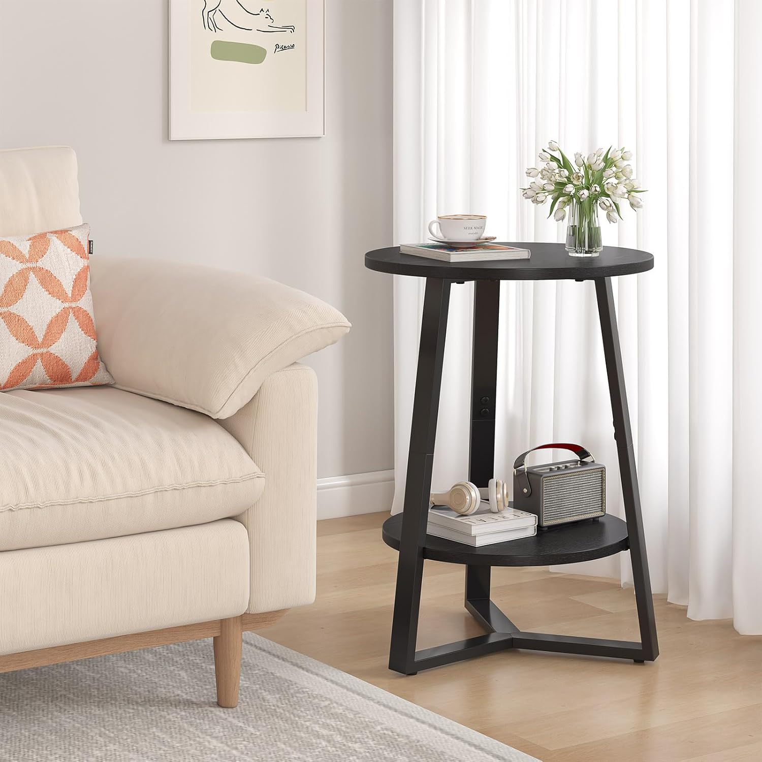 sthmec Small Round End Table, 2 Tier Side Table with Storage Shlef,Coffee Table Wooden Tabletop & Metal Frame,Round Accent Table Small Nightstands Couch Tables for Bedroom,Livingroom, Black
